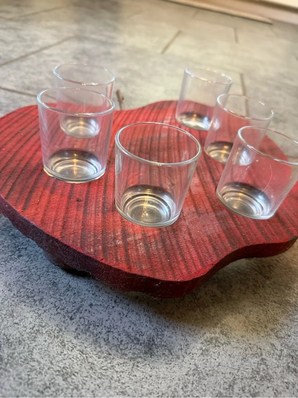 Red Apple-Shaped Wooden Shot Glass Serving Tray with 6 Glasses